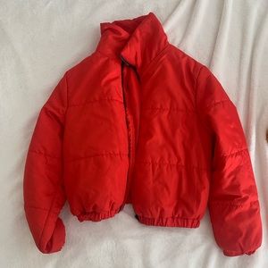Red puffer jacket